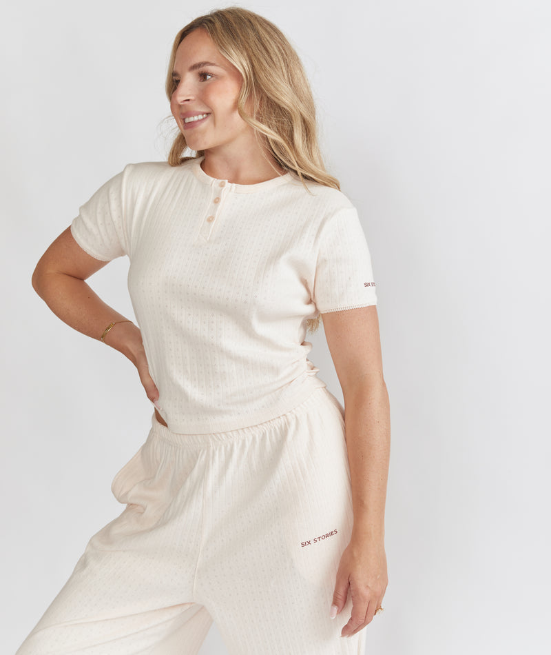 Pointelle Short Sleeve Pyjama Top - Rosewater