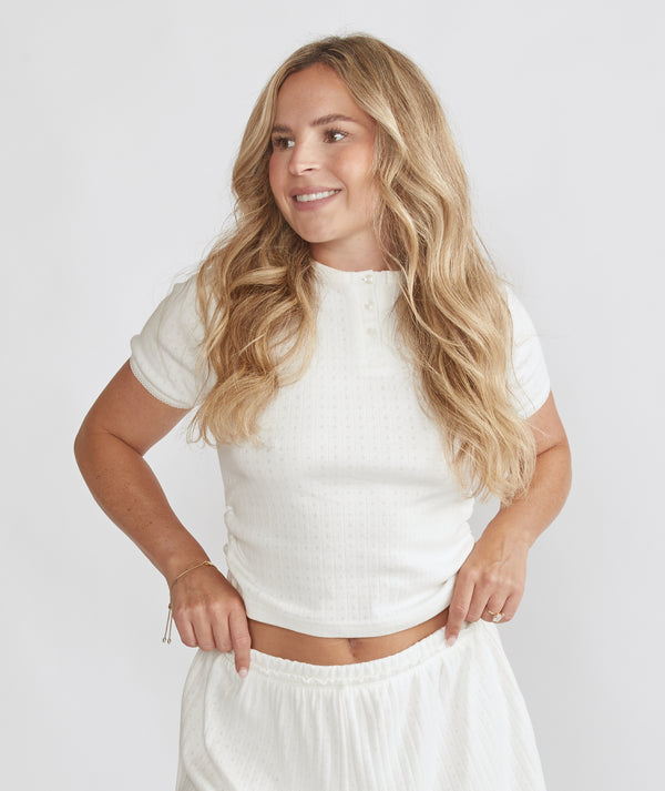 Pointelle Short Sleeve Pyjama Top - Coconut