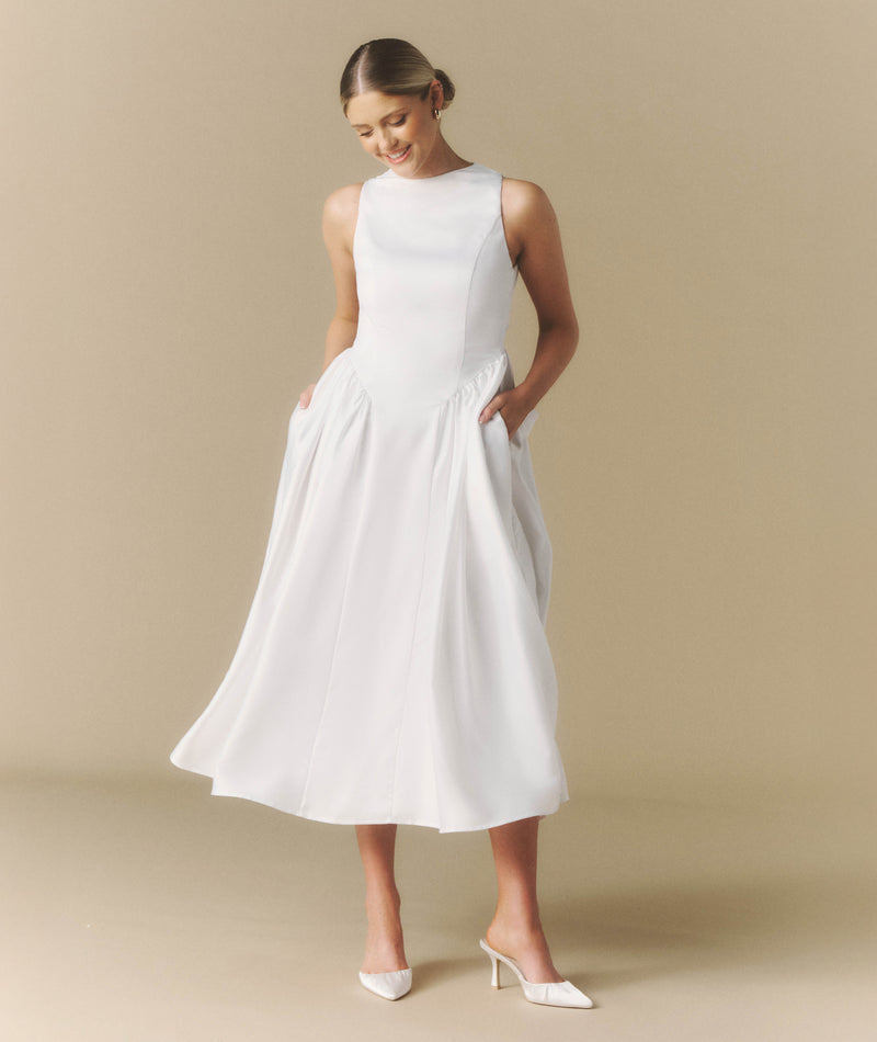 Penelope Bow Back Dropped Waist Midi Dress - White