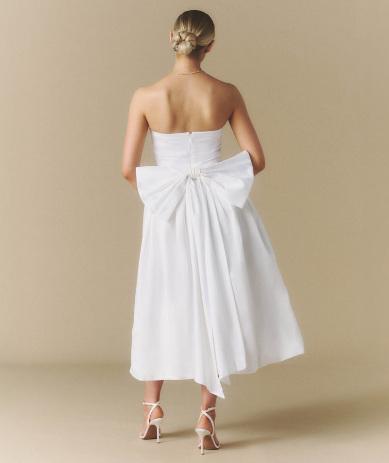 Strapless Bow Back Pleated Midi Dress - White