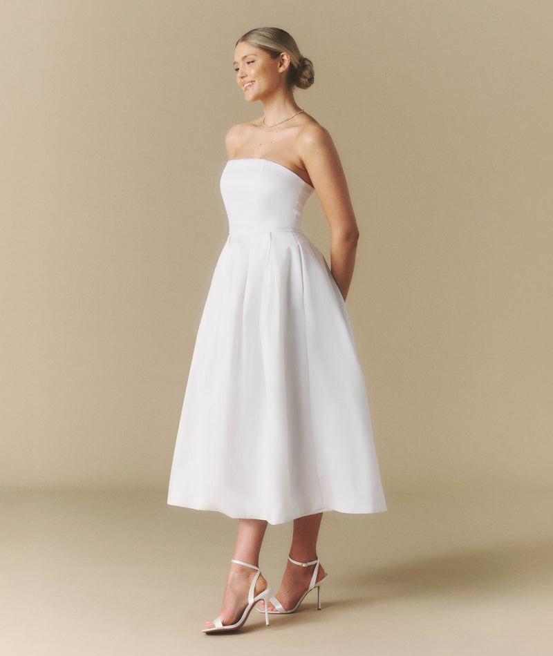 Strapless Bow Back Pleated Midi Dress - White