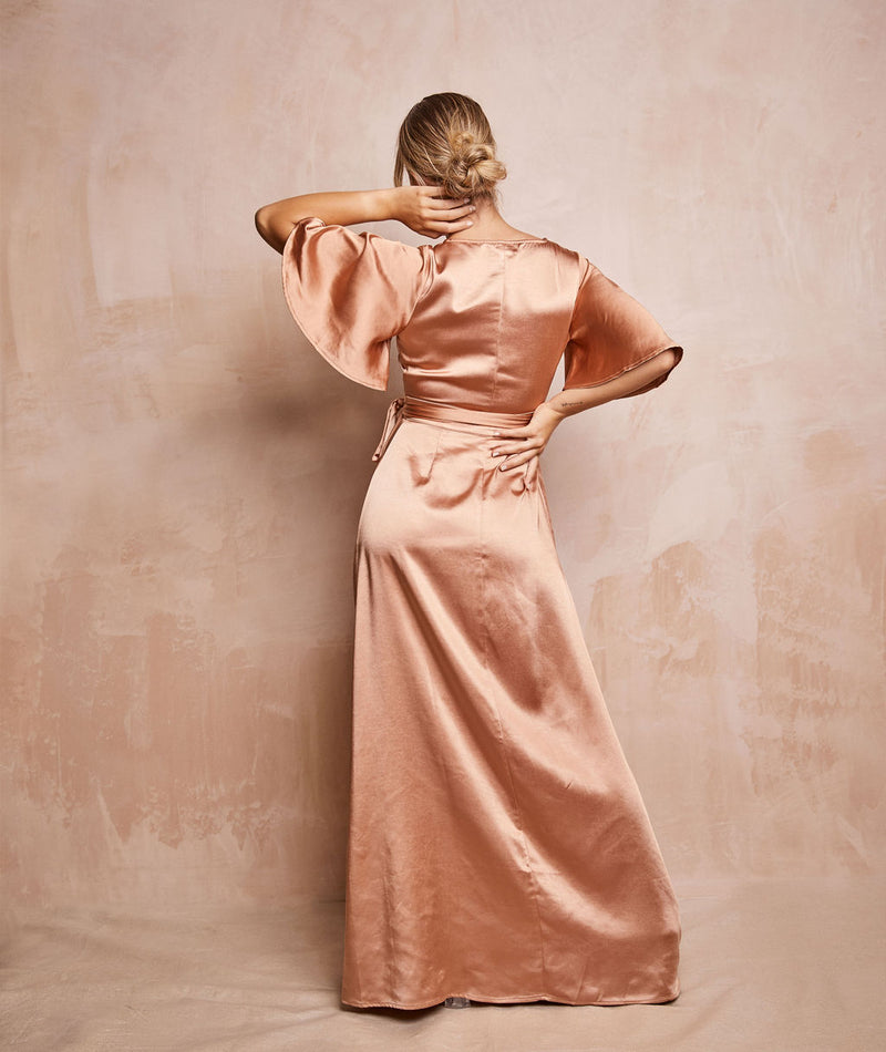 Wrap Tie Satin Bridesmaid Dress - Burnt Peach