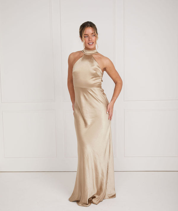 Champagne Halter Neck Bridesmaid Dress