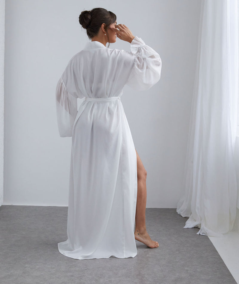 Chiffon Sleeve Maxi Satin Robe - White