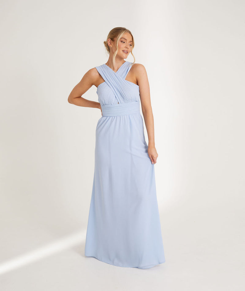 Cross Neck Pleated Waist Chiffon Bridesmaid Dress - Cornflower Blue