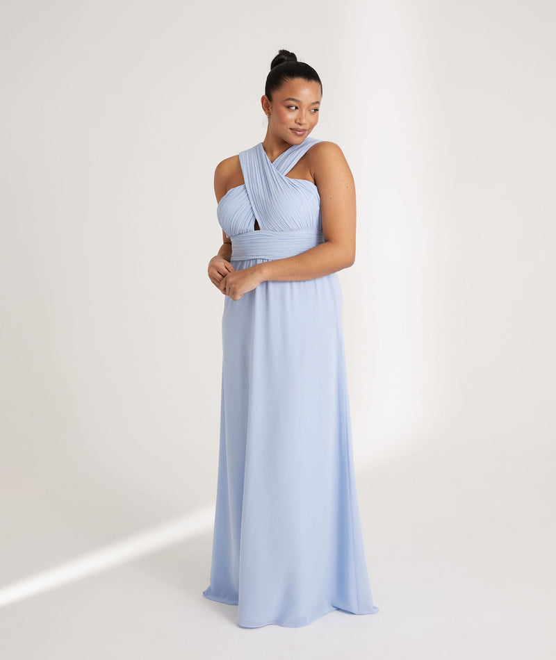 Cross Neck Pleated Waist Chiffon Bridesmaid Dress - Cornflower Blue