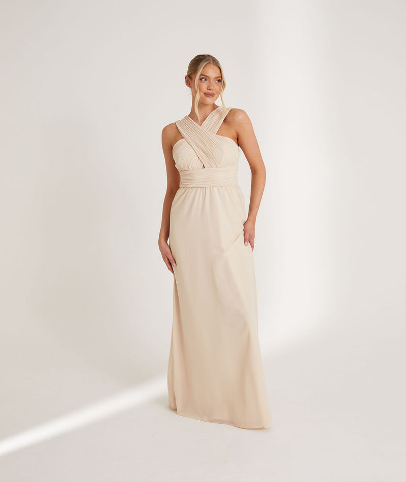 Cross Neck Pleated Waist Chiffon Bridesmaid Dress - Vintage Cream