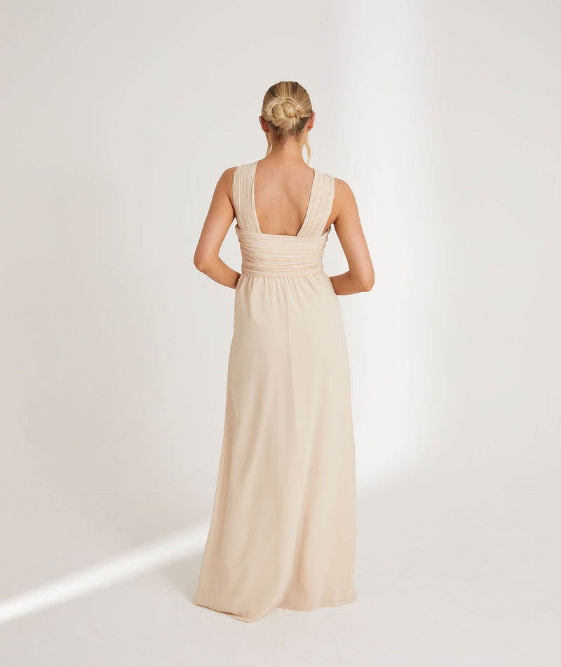 Cross Neck Pleated Waist Chiffon Bridesmaid Dress - Vintage Cream