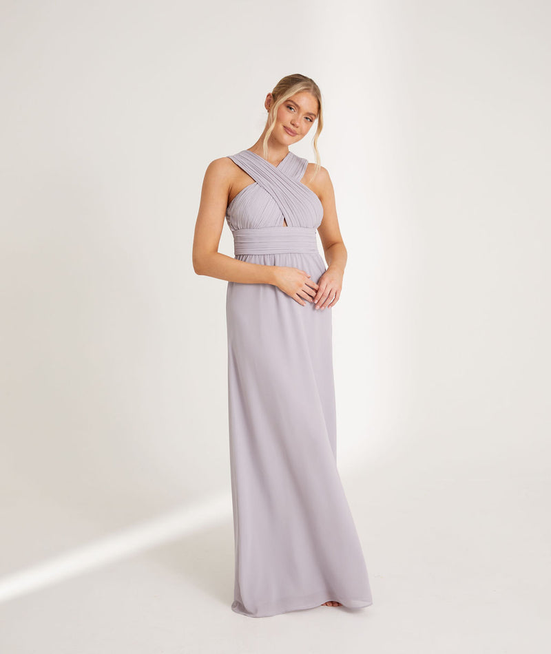 Cross Neck Pleated Waist Chiffon Bridesmaid Dress - Lilac