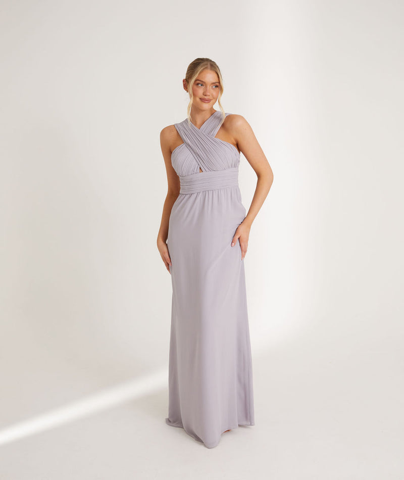 Cross Neck Pleated Waist Chiffon Bridesmaid Dress - Lilac