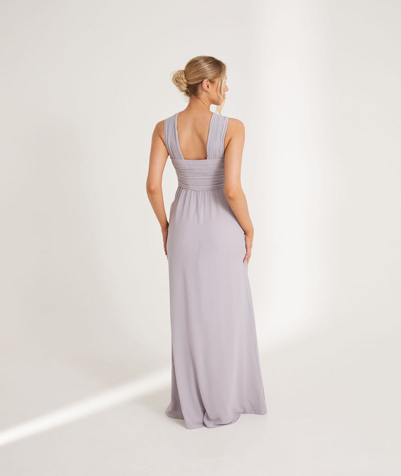 Cross Neck Pleated Waist Chiffon Bridesmaid Dress - Lilac