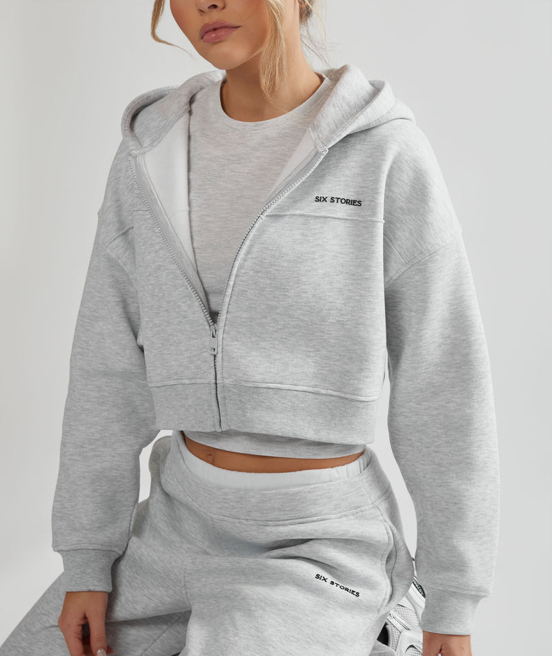 Cropped Zip Through Hoodie - Grey Marl