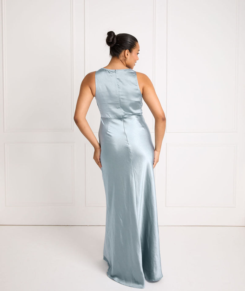 Cowl Front Satin Bridesmaid Dress - Dusty Blue