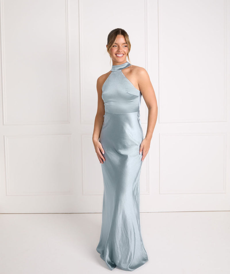 Halter Neck Satin Bridesmaid Dress - Dusty Blue