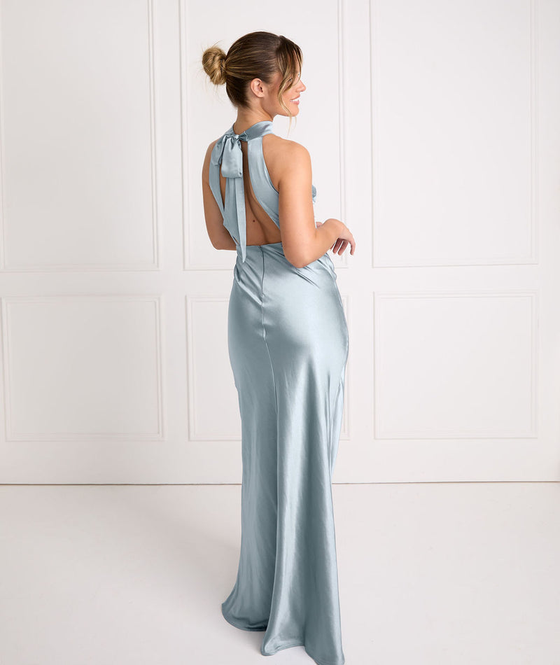 Halter Neck Satin Bridesmaid Dress - Dusty Blue