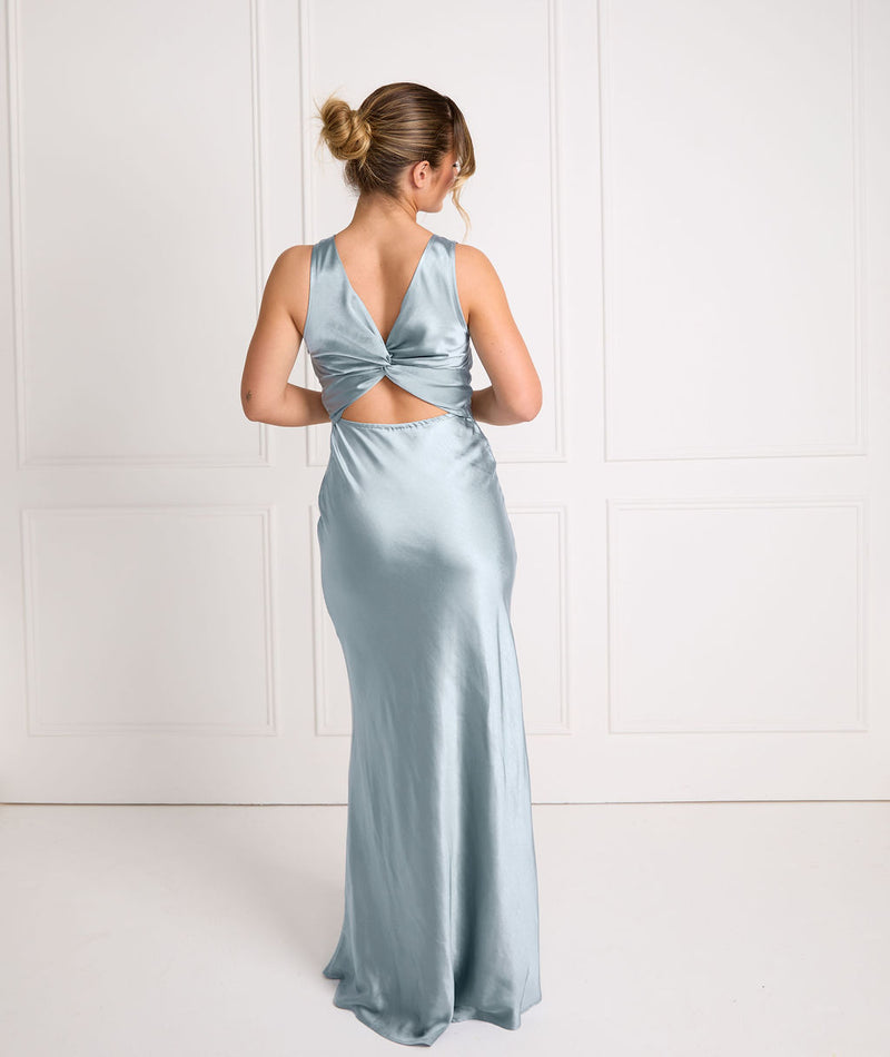 Twist Back Satin Bridesmaid Dress - Dusty Blue