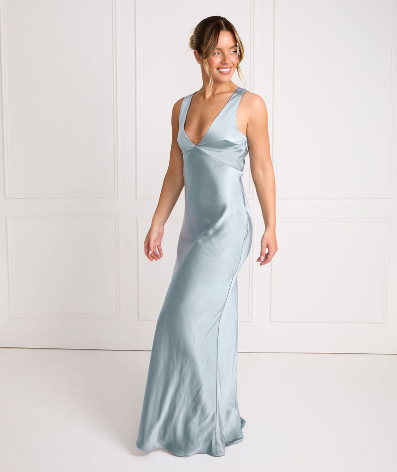 Twist Back Satin Bridesmaid Dress - Dusty Blue