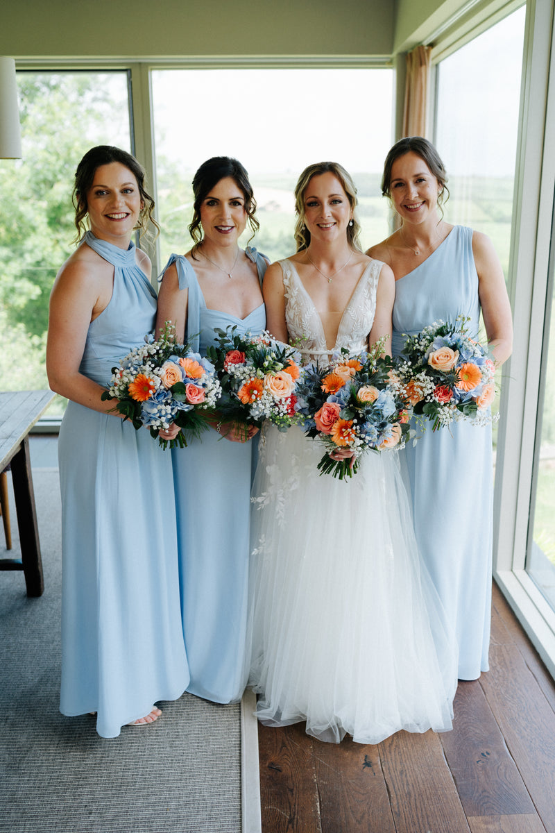 Halter Neck Pleated Waist Chiffon Bridesmaid Dress - Cornflower Blue