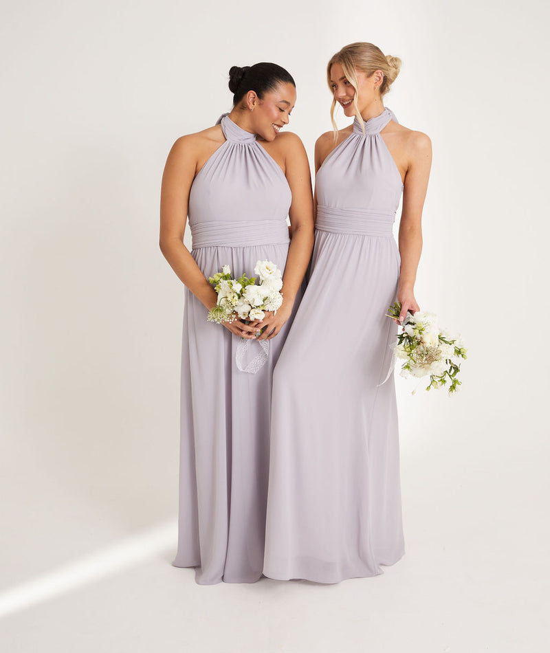 Halter Neck Pleated Waist Chiffon Bridesmaid Dress - Lilac