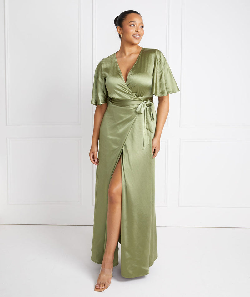 Moss Green Wrap Tie Bridesmaid Dress