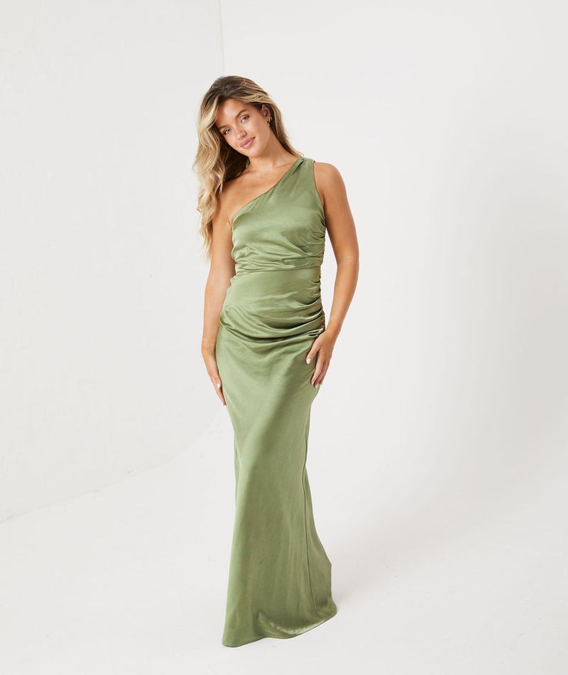 moss green one shoulder bridesmaid dress