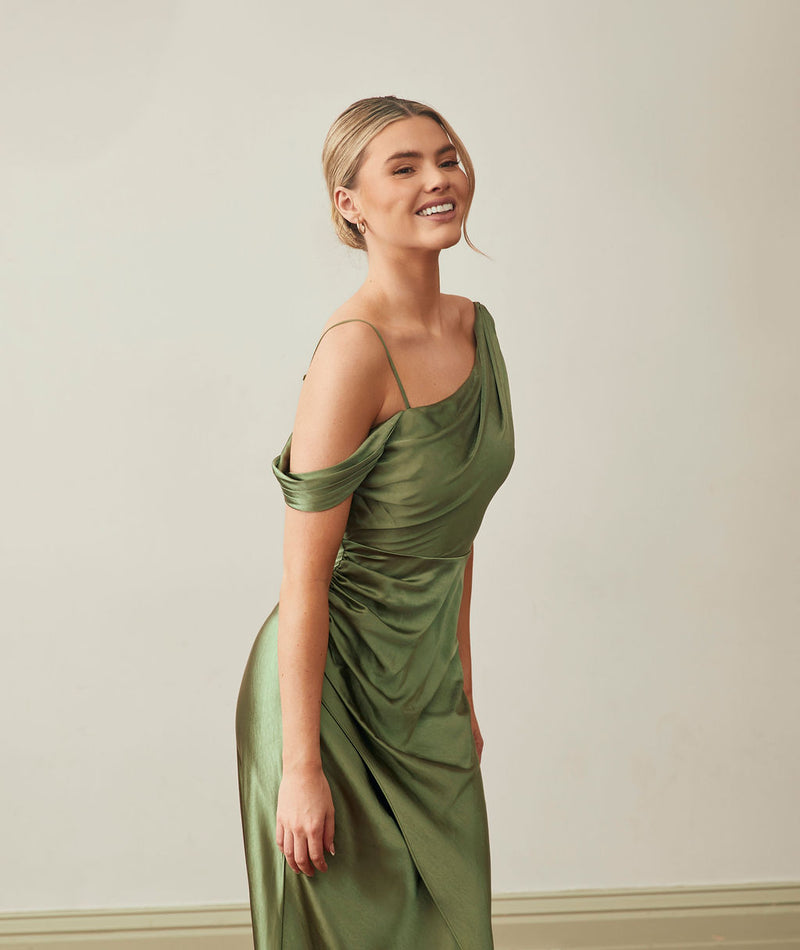 Asymmetrical Bardot Strap Satin Bridesmaid Dress - Moss Green