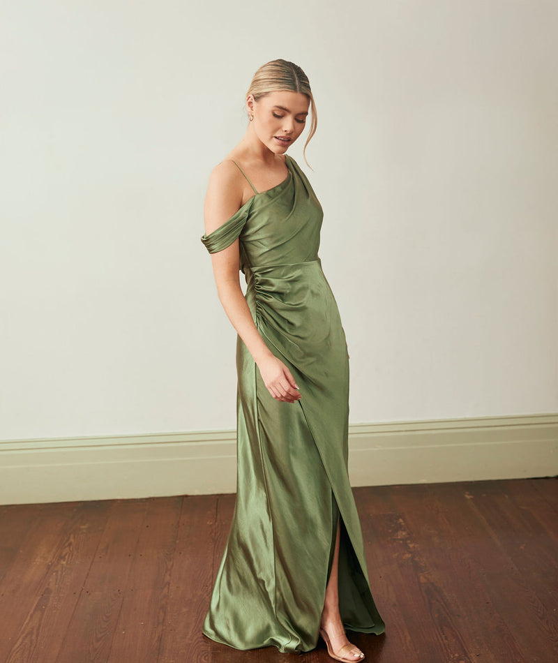 Asymmetrical Bardot Strap Satin Bridesmaid Dress - Moss Green