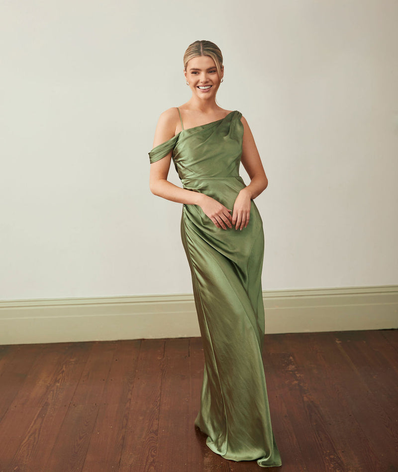 Asymmetrical Bardot Strap Satin Bridesmaid Dress - Moss Green