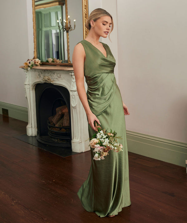 Plunge Drape Detail Satin Bridesmaid Dress - Moss Green