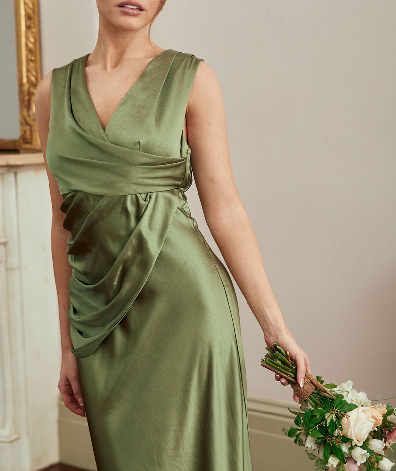 Plunge Drape Detail Satin Bridesmaid Dress - Moss Green