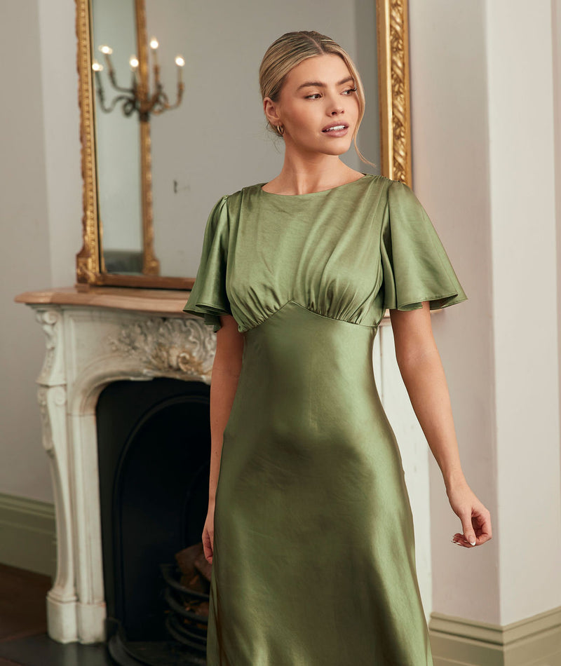 Gathered Bust Flutter Sleeve Satin Bridesmaid Dress - Moss Green