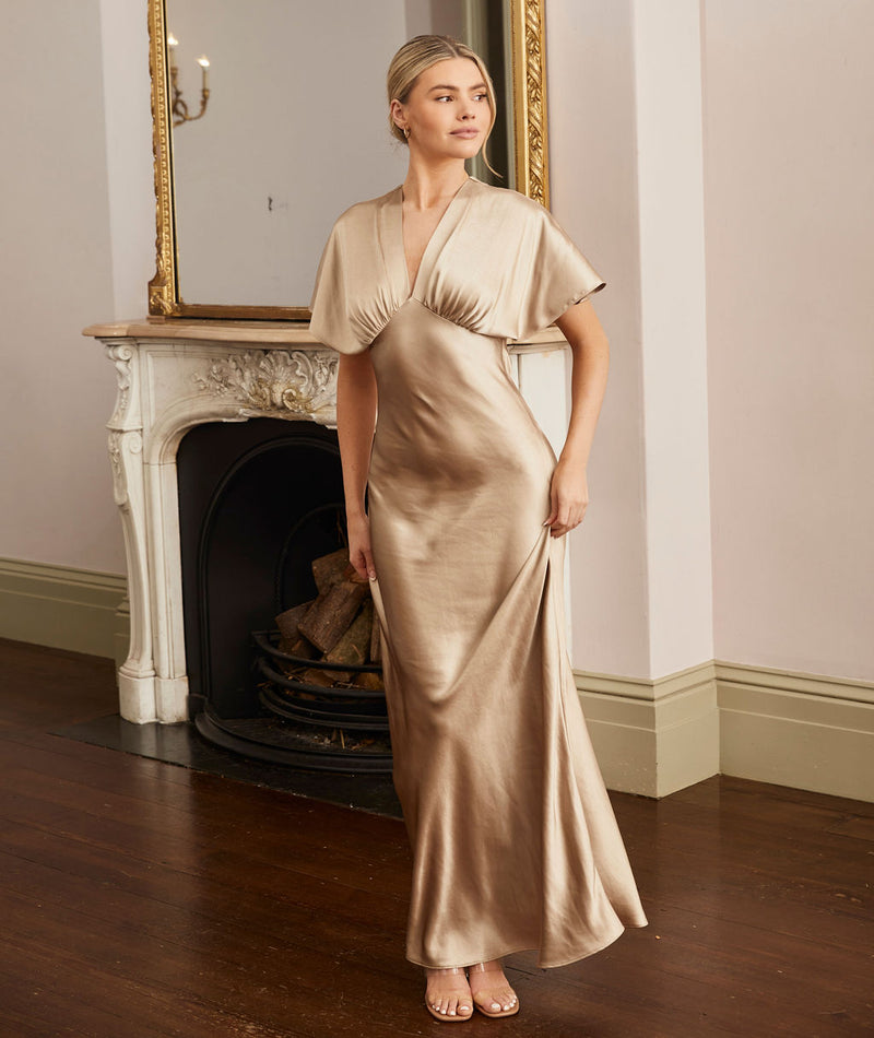 Plunge Batwing Satin Bridesmaid Dress - Champagne