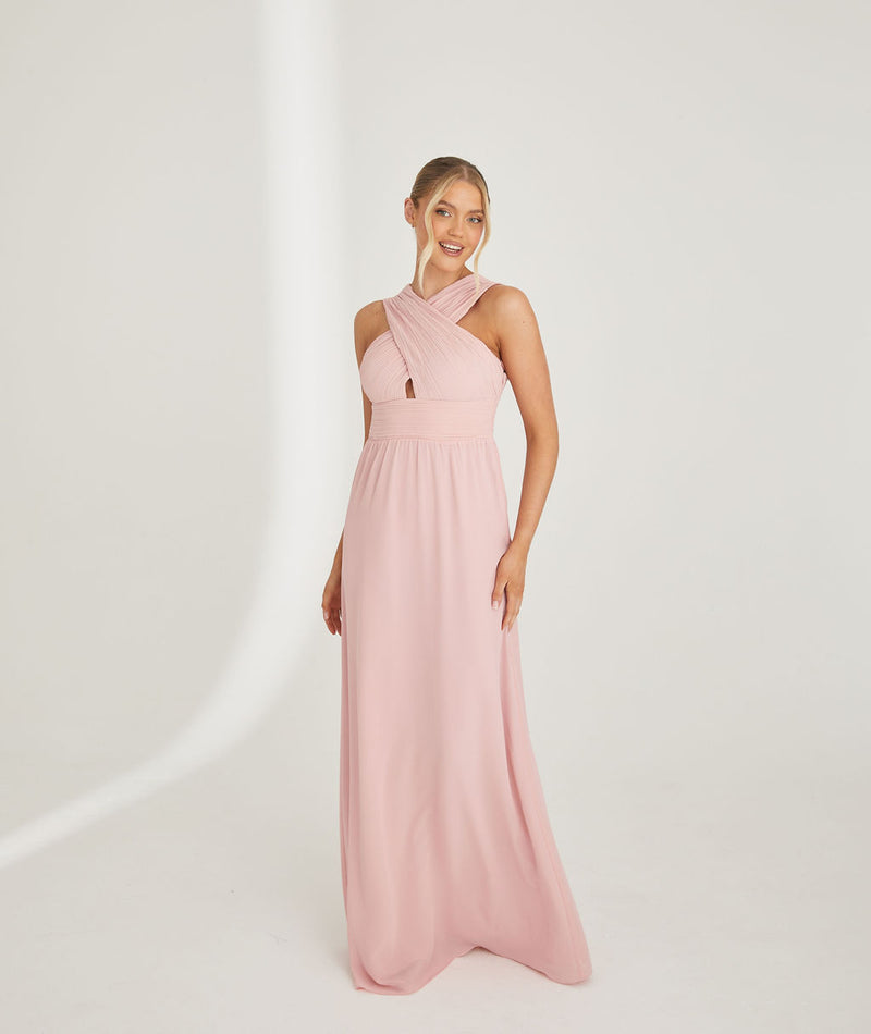 Cross Neck Pleated Waist Chiffon Bridesmaid Dress - Peony Pink