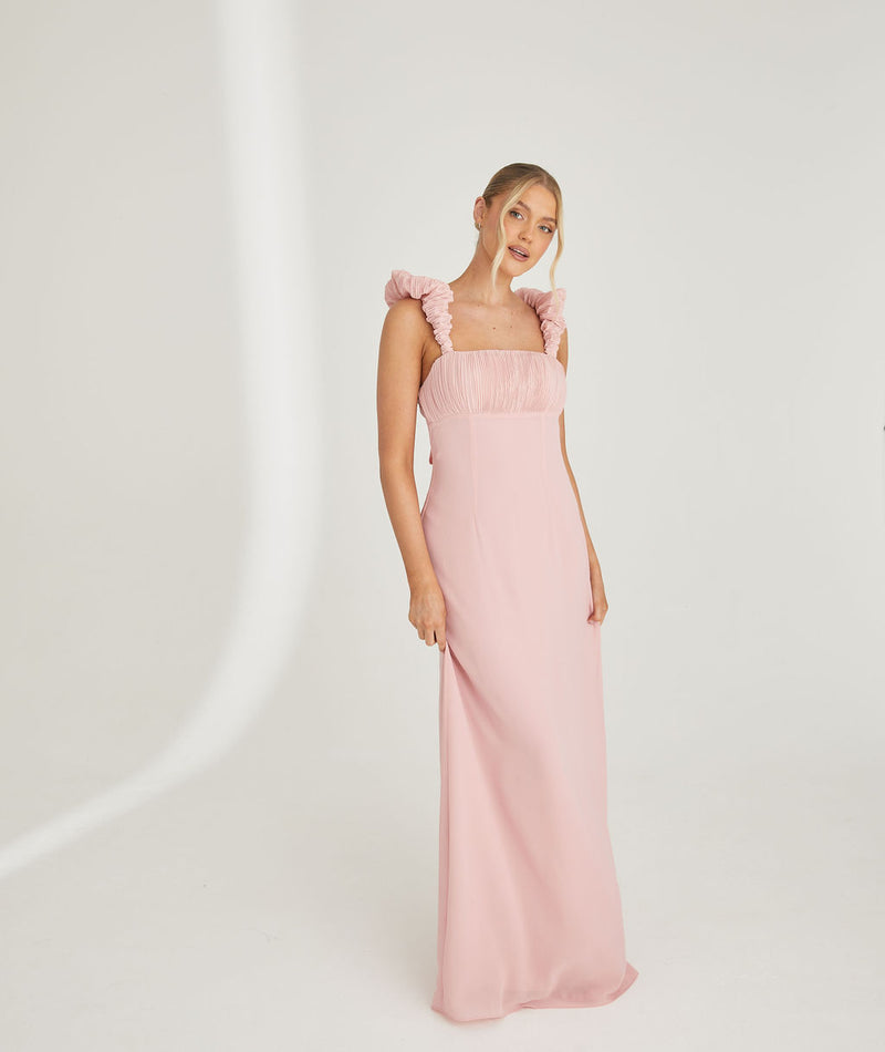 Pleated Statement Shoulder Chiffon Bridesmaid Dress - Peony Pink