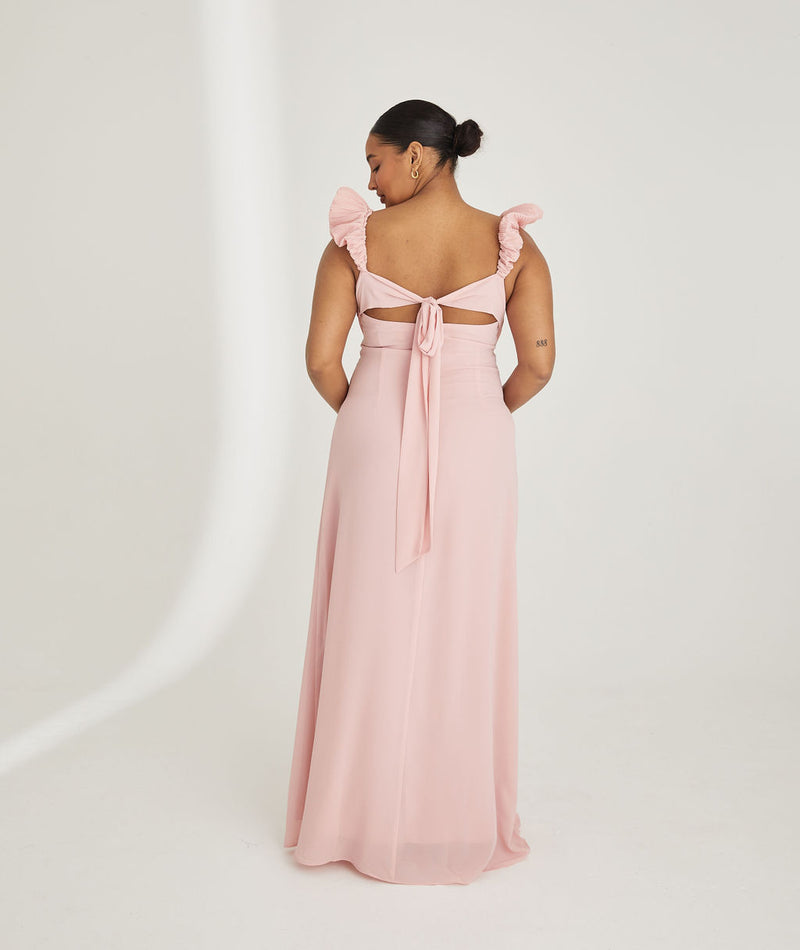 Pleated Statement Shoulder Chiffon Bridesmaid Dress - Peony Pink