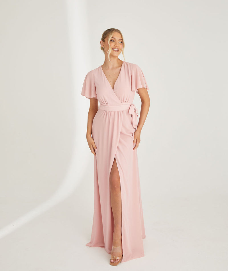 Flutter Sleeve Wrap Tie Chiffon Bridesmaid Dress - Peony Pink