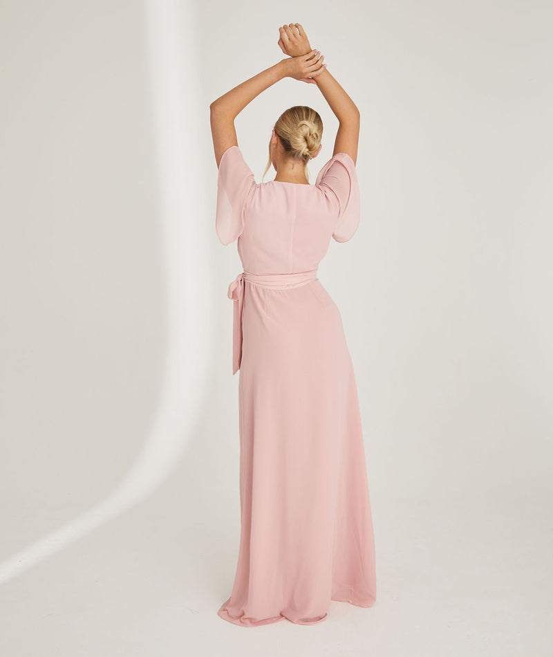 Flutter Sleeve Wrap Tie Chiffon Bridesmaid Dress - Peony Pink