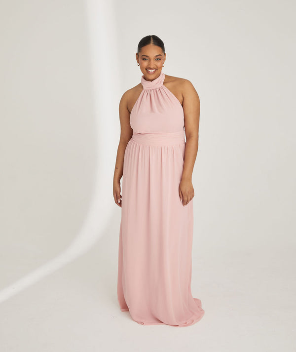 Halter Neck Pleated Waist Chiffon Bridesmaid Dress - Peony Pink