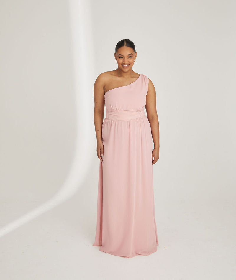 One Shoulder Pleated Waist Chiffon Bridesmaid Dress - Peony Pink