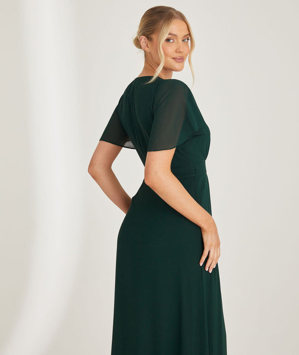 Flutter Sleeve Wrap Tie Chiffon Bridesmaid Dress - Emerald