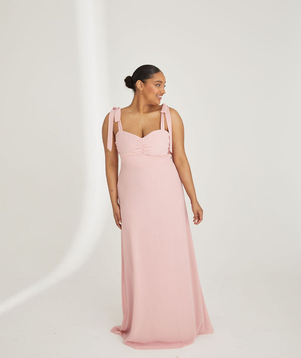 Bow Tie Shoulder Chiffon Bridesmaid Dress - Peony Pink