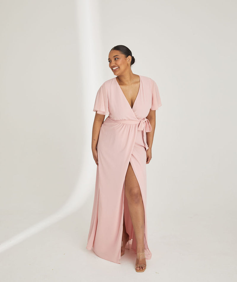 Flutter Sleeve Wrap Tie Chiffon Bridesmaid Dress - Peony Pink