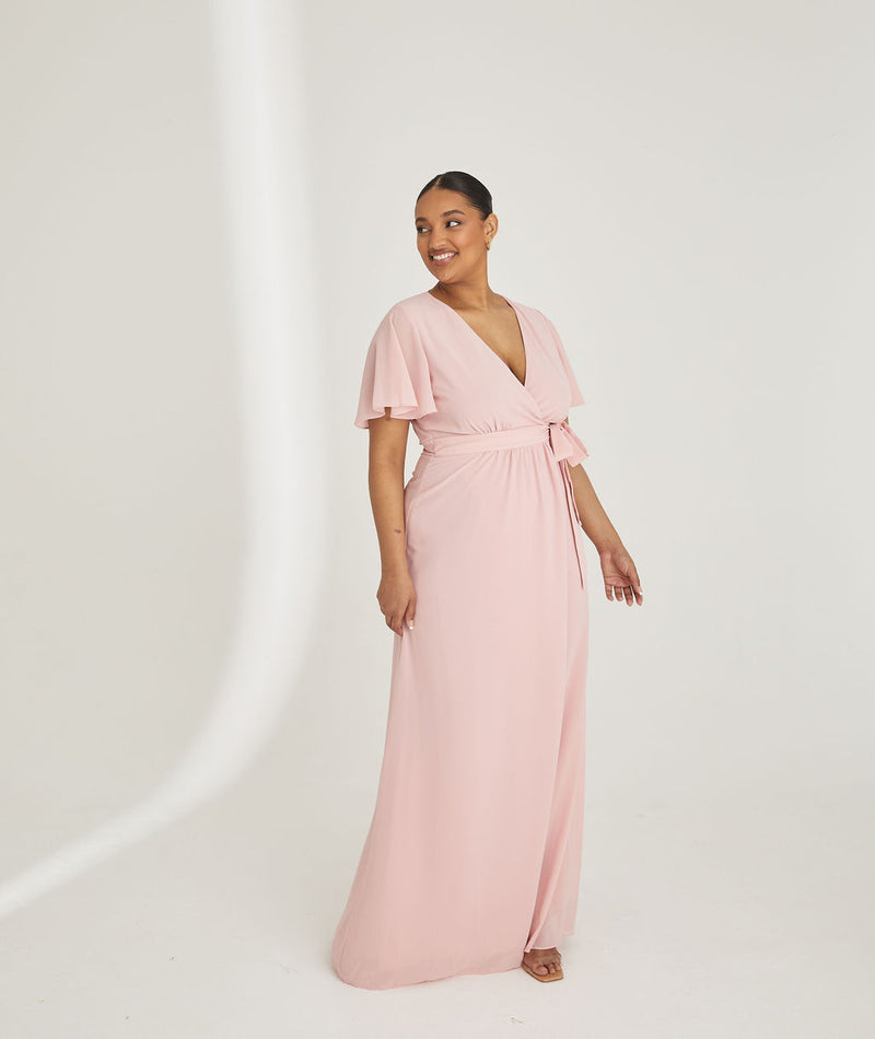 Flutter Sleeve Wrap Tie Chiffon Bridesmaid Dress - Peony Pink