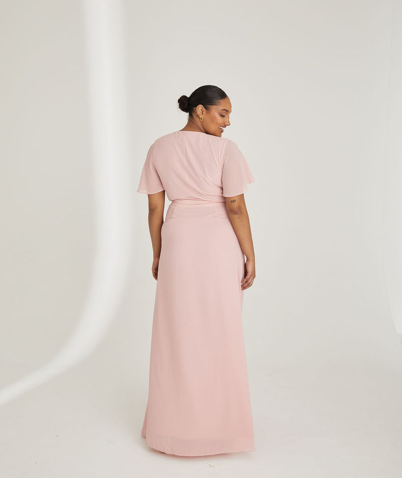 Flutter Sleeve Wrap Tie Chiffon Bridesmaid Dress - Peony Pink