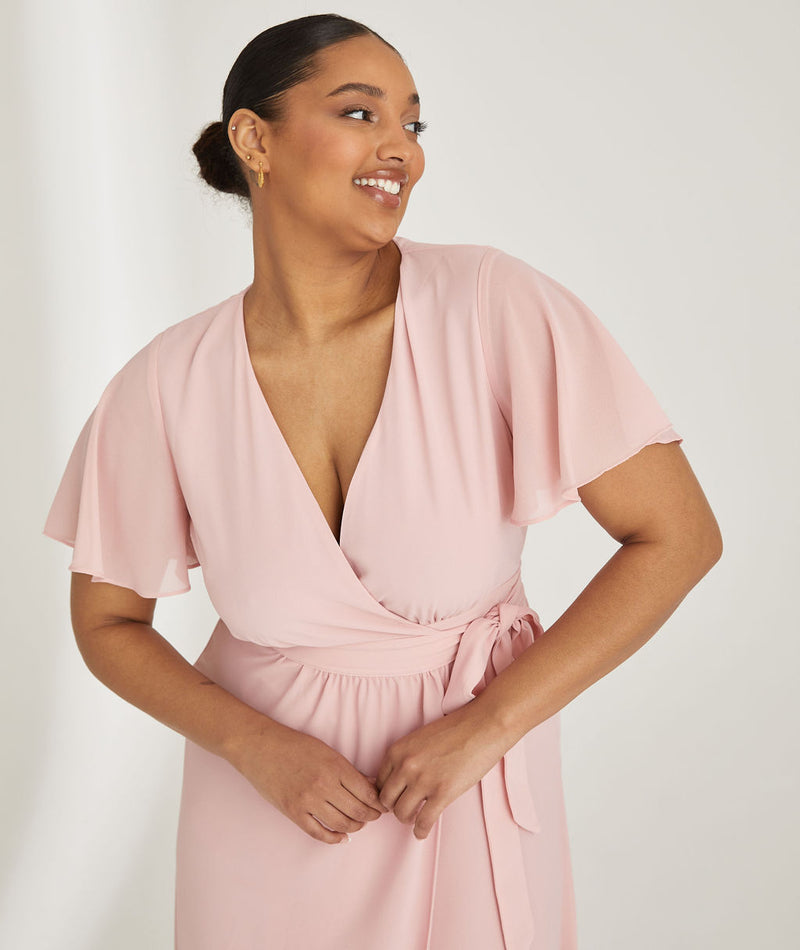 Flutter Sleeve Wrap Tie Chiffon Bridesmaid Dress - Peony Pink