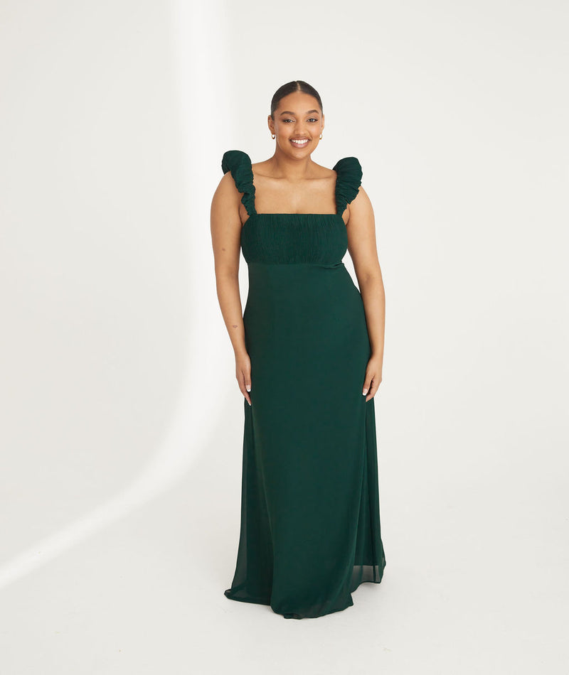 Pleated Statement Shoulder Chiffon Bridesmaid Dress - Emerald