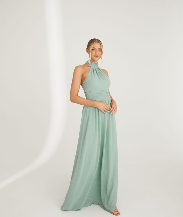 Halter Neck Pleated Waist Chiffon Bridesmaid Dress - Sage