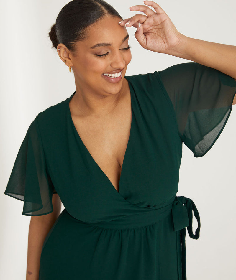 Flutter Sleeve Wrap Tie Chiffon Bridesmaid Dress - Emerald