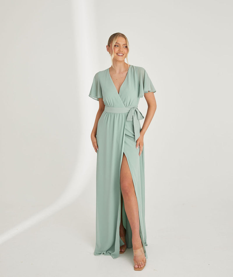 Flutter Sleeve Wrap Tie Chiffon Bridesmaid Dress - Sage