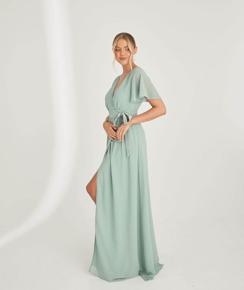 Flutter Sleeve Wrap Tie Chiffon Bridesmaid Dress - Sage